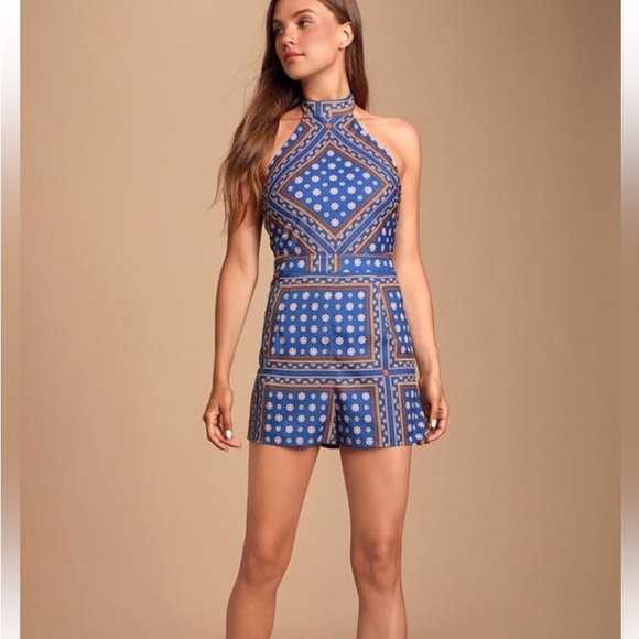 Lulus Pants - Lulu’s Blanca Blue Print Halter Romper